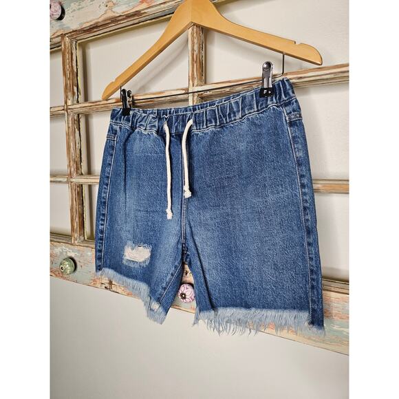 One Teaspoon Denim Jean Pull-on shorts with drawstring w/ fringed hem size 26 - Picture 2 of 6